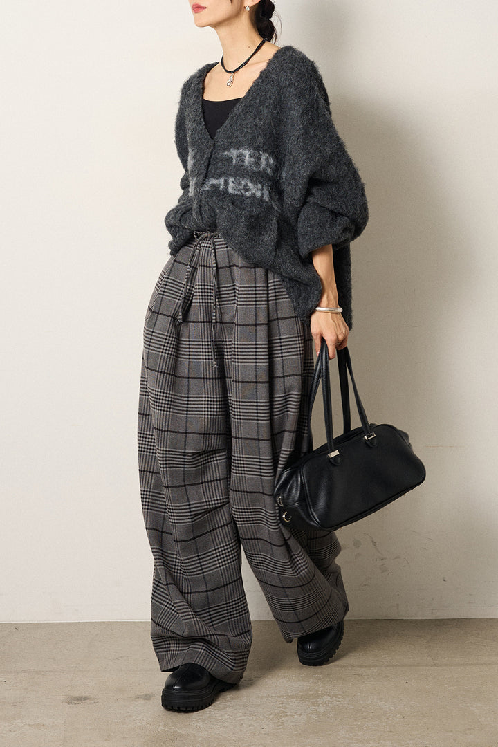 [SET]ウール混透かしロゴニットカーディガン+グレンチェックルーズタックパンツ(2set)
