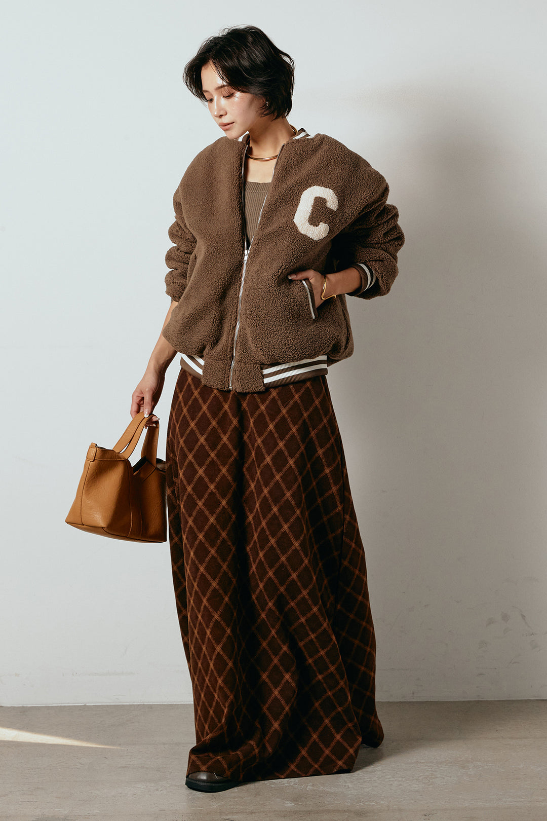 [SET]ロゴスタジャンボアブルゾン+フロッキー起毛チェックスカート(2set)