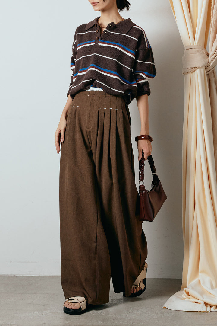 [SET]襟付きマルチボーダーニットポロトップス+ウエストステッチデザインワイドスラックス(2set)