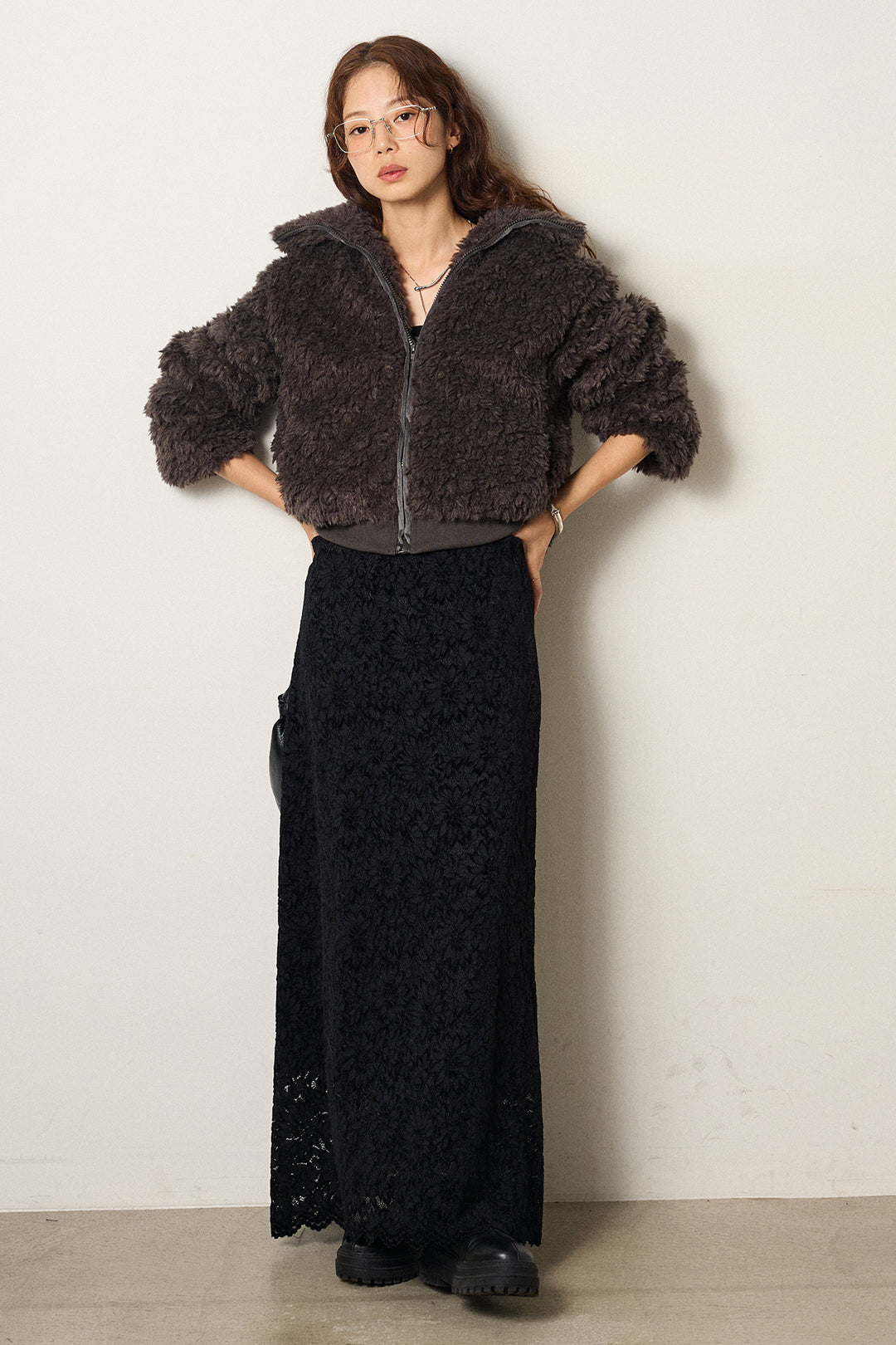 [SET]スタンドカラー裾リブボアブルゾン+花柄刺繍ベロアフレアスカート(2set)