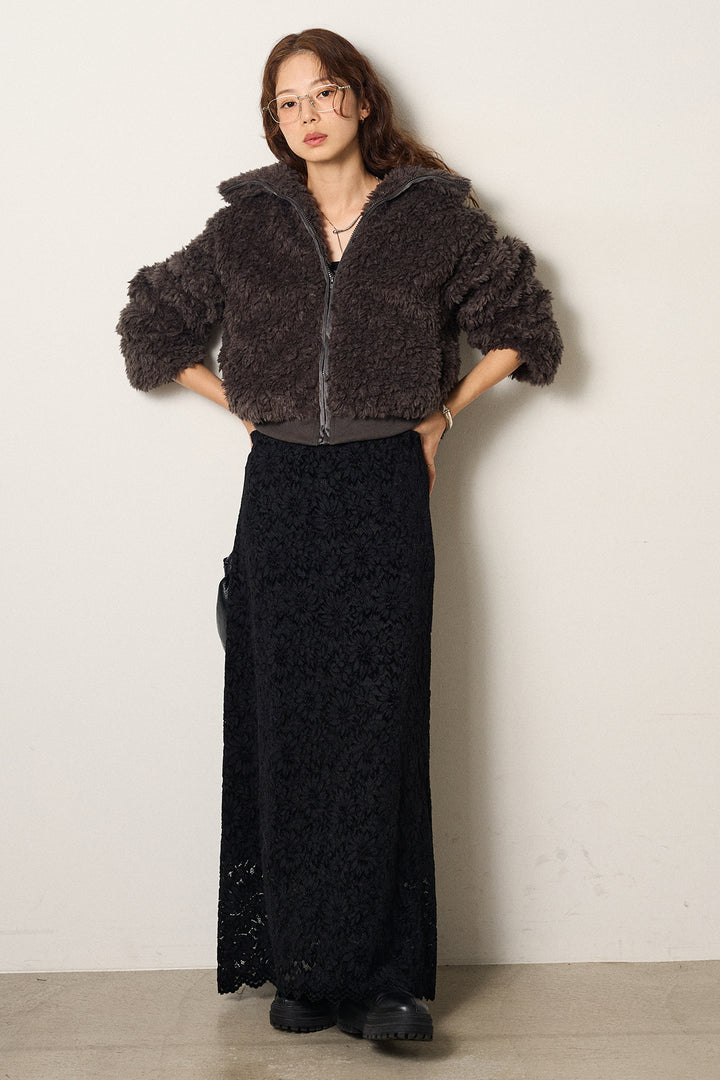 [SET]スタンドカラー裾リブボアブルゾン+花柄刺繍ベロアフレアスカート(2set)