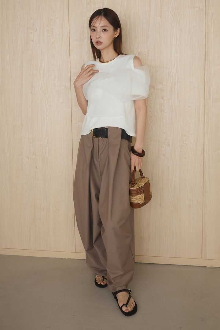 [SET]シアーレイヤーデザインカットソー+ベルトループワイドパンツ(2set)