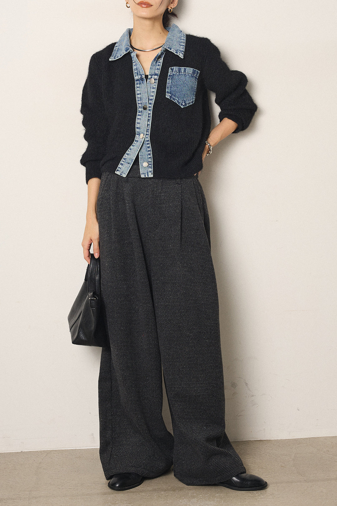 [SET]襟付きデニム切替ニットカーディガン+起毛タック入りツイードワイドパンツ(2set)