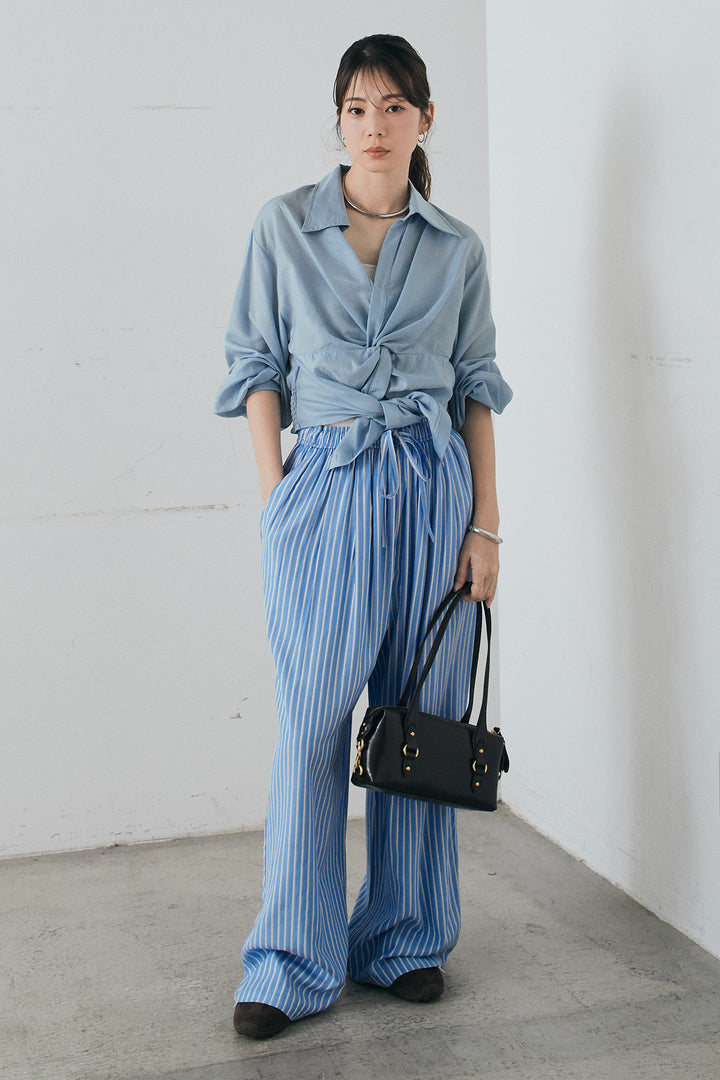 [SET]裾巻きツイストデザインシャツ+レーヨンストライプイージーワイドパンツ(2set)
