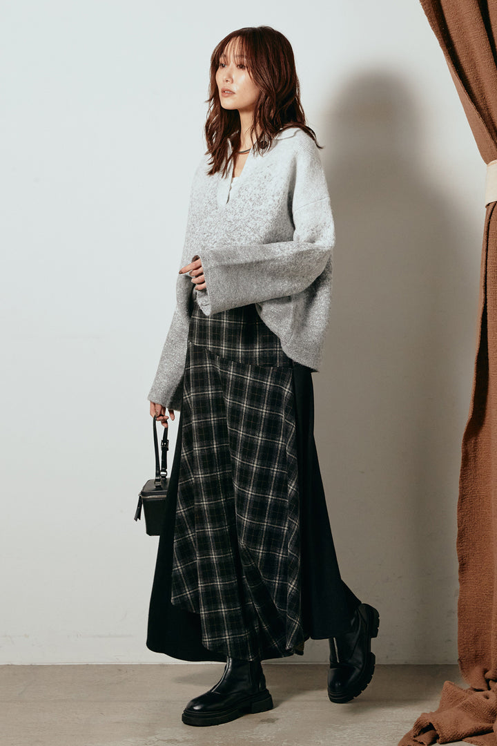 [SET]グラデーションラメニットキーネックプルオーバー+フェイクレザーベルト付き切り替えタータンチェックスカート(2set)