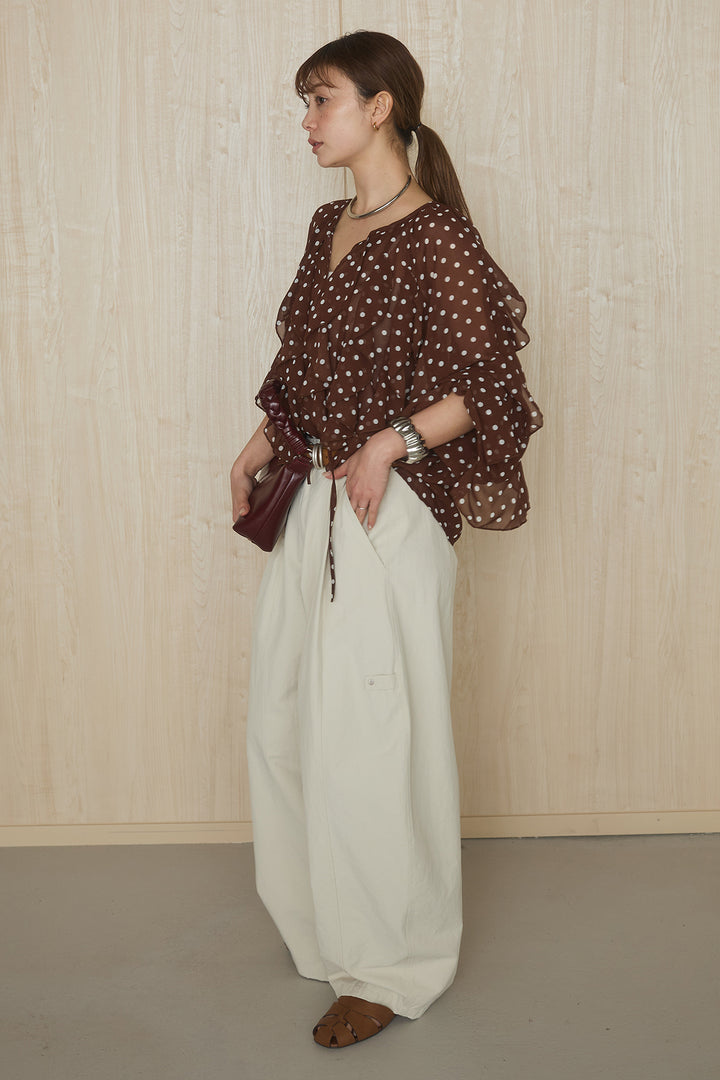 [SET]ドットフリル長袖ブラウス+コットンポリツータックセンターシームカーブパンツ(2set)