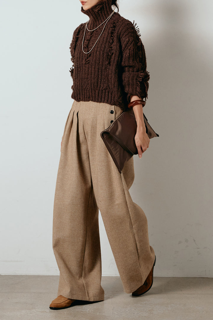 [SET]フリンジタートルショートニット+サイドボタンツイードタックパンツ(2set)