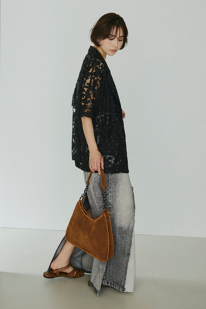 [SET]シアージャガードハーフスリーブテーラードジャケット+サテン切り替えデニムスカート(2set)