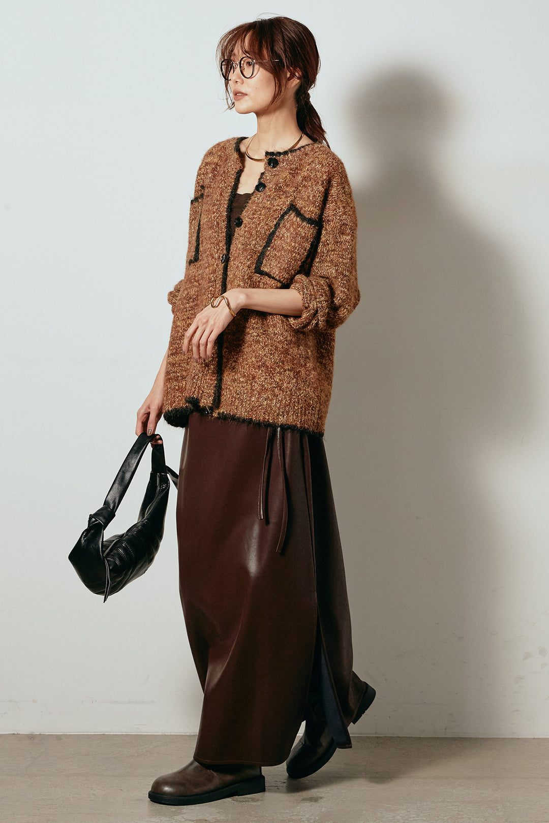 [SET]ミックスニットポケットカーディガン+紐付きフェイクレザーワイドスカート(2set)