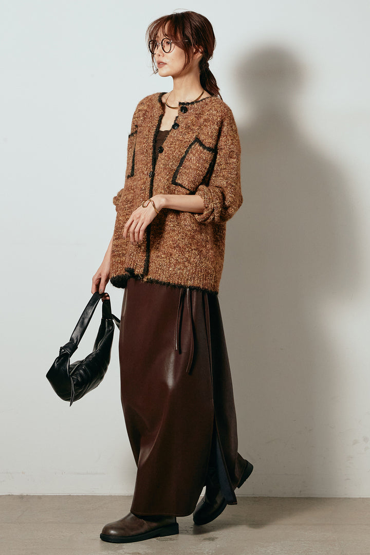 [SET]ミックスニットポケットカーディガン+紐付きフェイクレザーワイドスカート(2set)