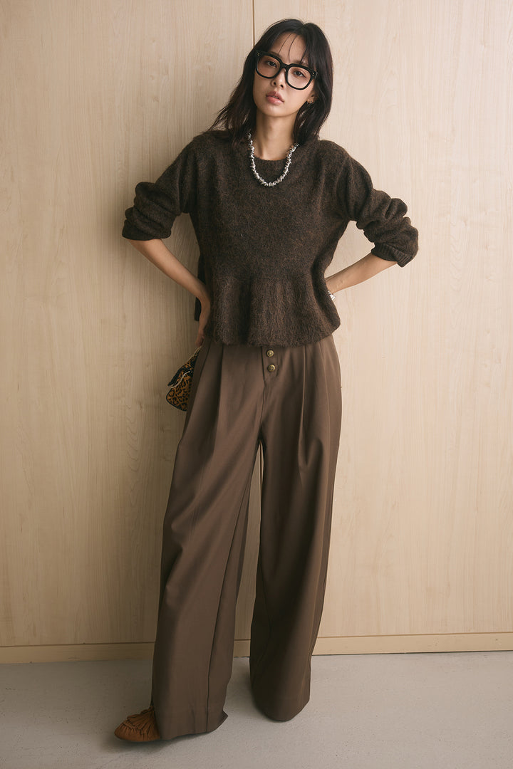 [SET]モヘアぺプラムクルーネックプルオーバー+ファイブボタンツータックワイドパンツ(2set)
