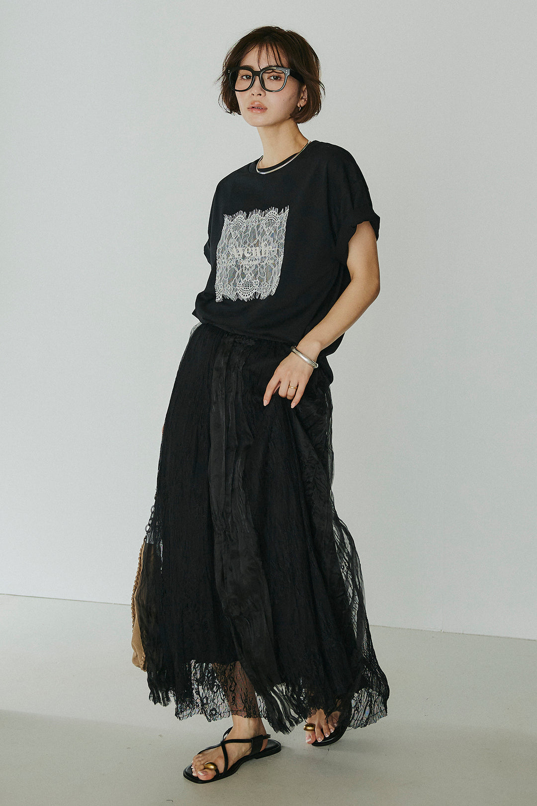 [SET]レースロゴ刺繍Tシャツ+レースコンビワッシャーギャザースカート(2set)