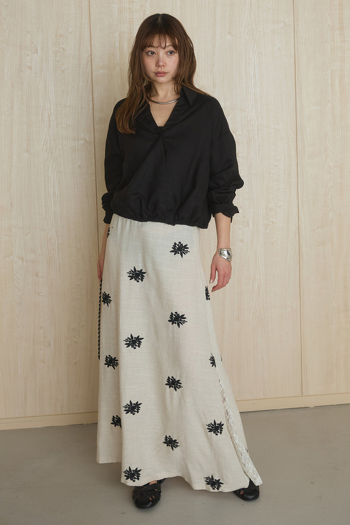 [SET]麻混襟付きトップス+レースコンビフラワー刺繍柄スカート(2set)