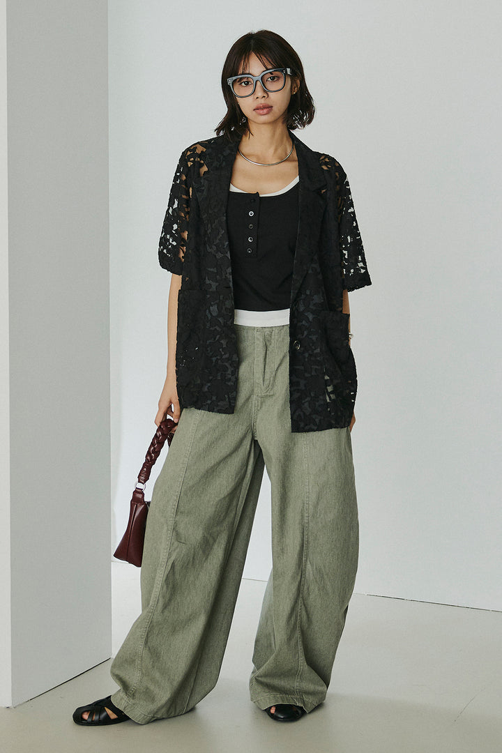 [SET]シアージャガードハーフスリーブテーラードジャケット+サイドベルトカーブワイドパンツ(2set)