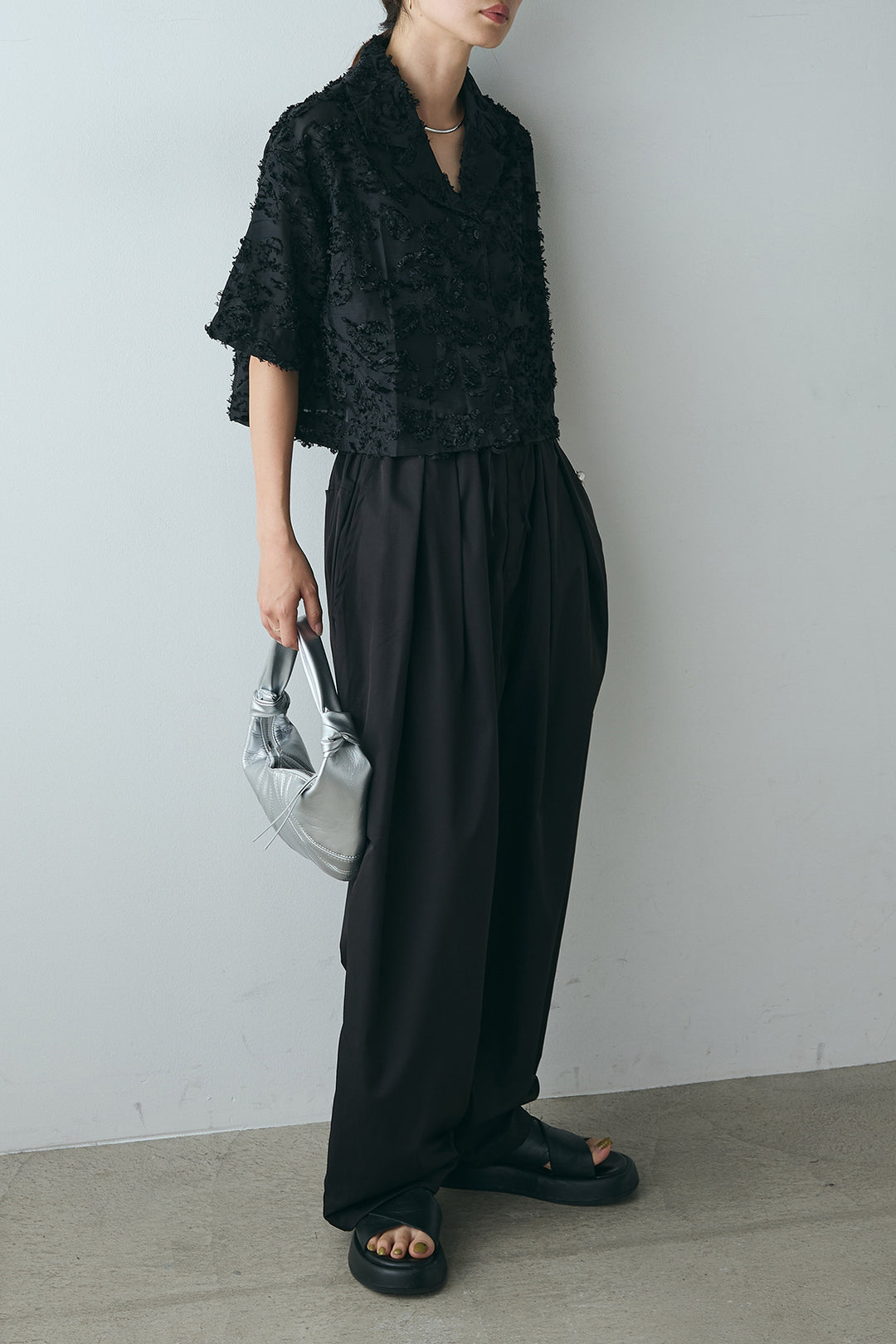[SET]半袖オープンカラージャガード柄シャツ+タックワイドリラックスパンツ(2set)