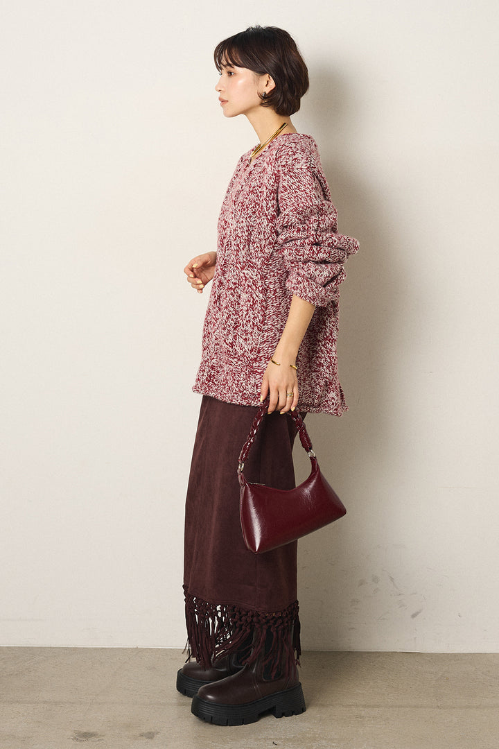 [SET]Vネックミックス編みニットトップス+スウェードライク裾フリンジスカート(2set)