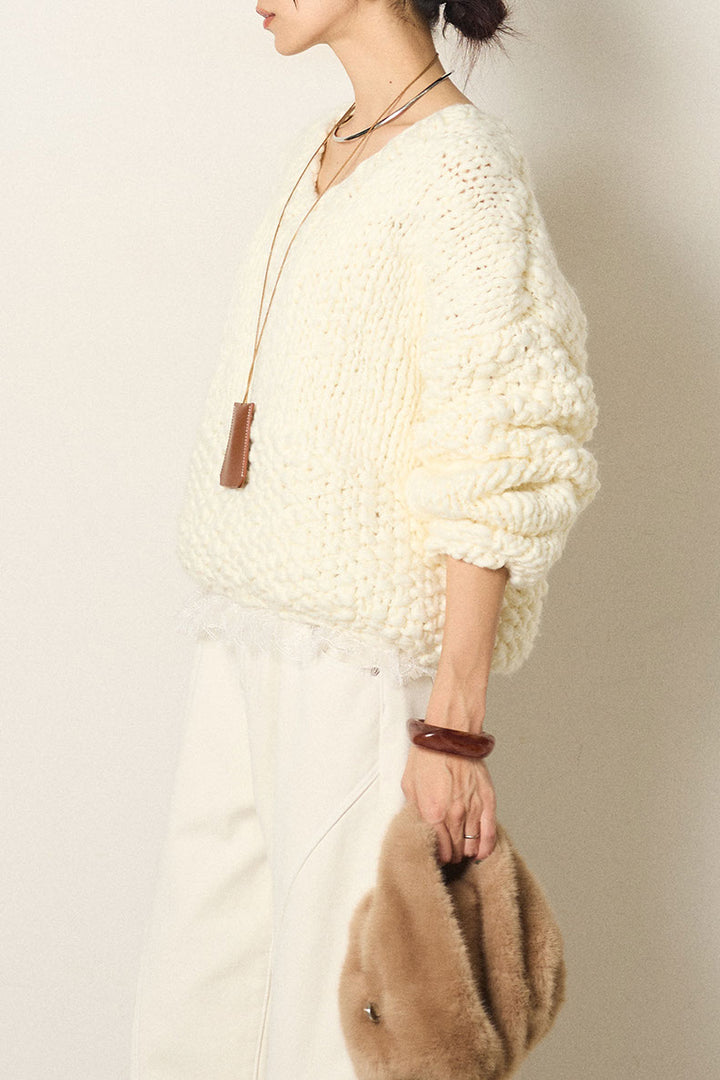 [SET]Vネックハンド編みニットトップス+レース切り替えキャミソール(2set)