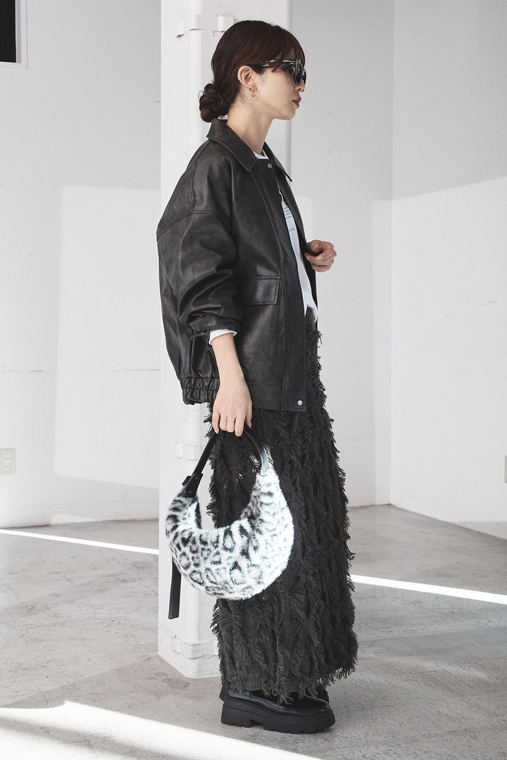 [SET]レザーライクオーバーサイズブルゾン+カットフリンジニットタイトスカート(2set)