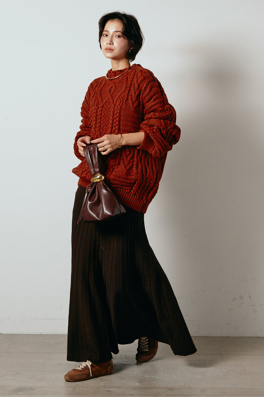 [SET]アラン柄ミックスケーブルニット+編み地切り替えフレアニットスカート(2set)