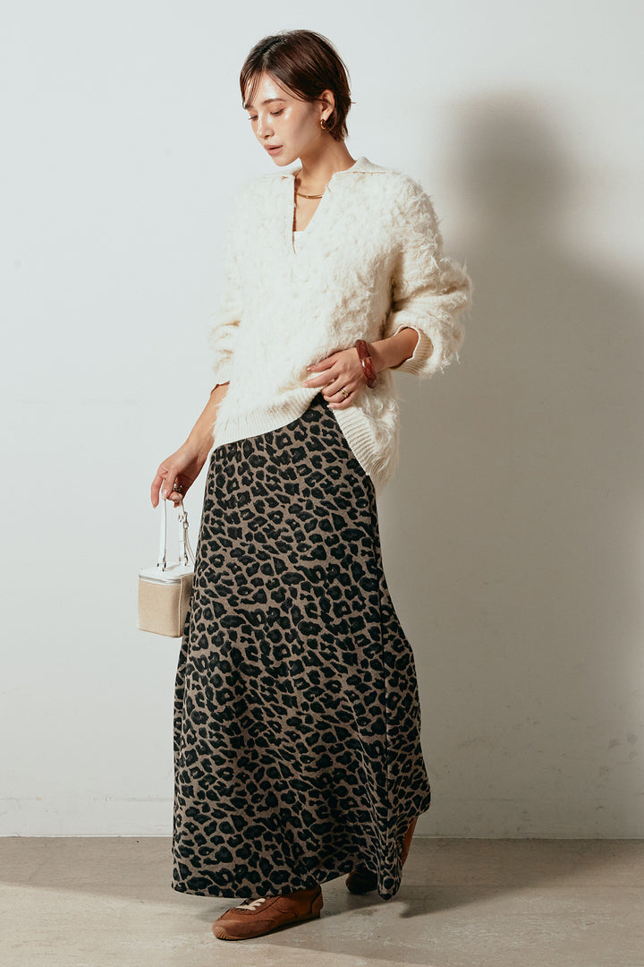 [SET]襟付きシャギーニットポロトップス+レオパードロングスカート(2set)