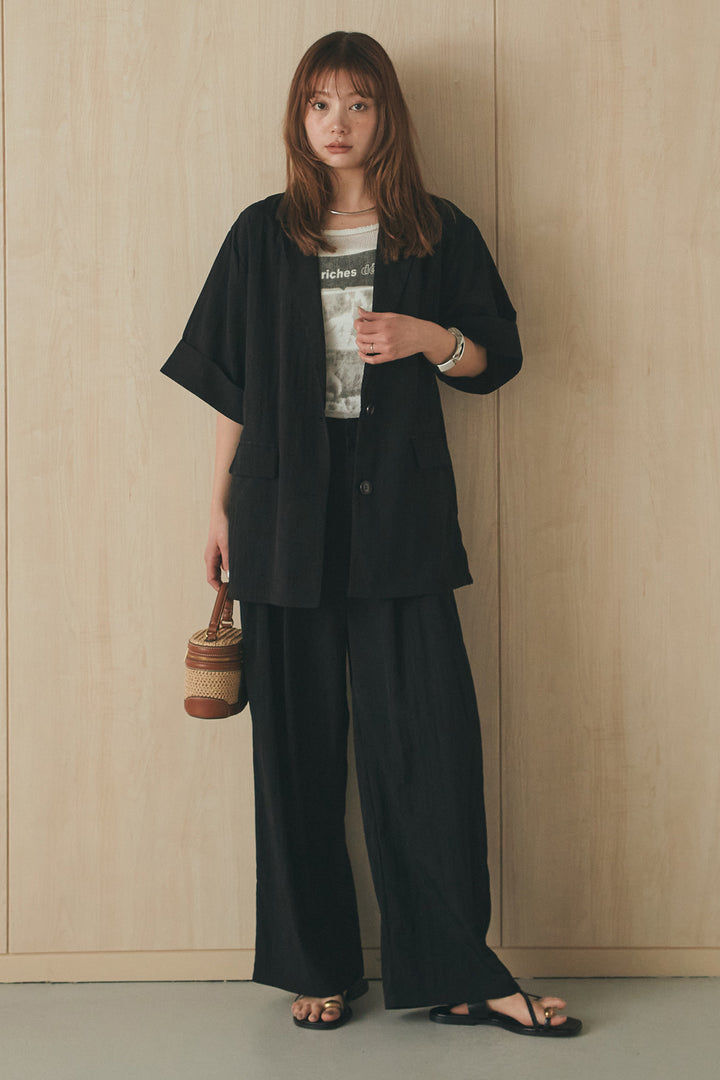 [SET]リネンライクテーラードハーフスリーブジャケット+リネンライク2タックワイドパンツ+半袖モノトーングラフィックトップス(3set)
