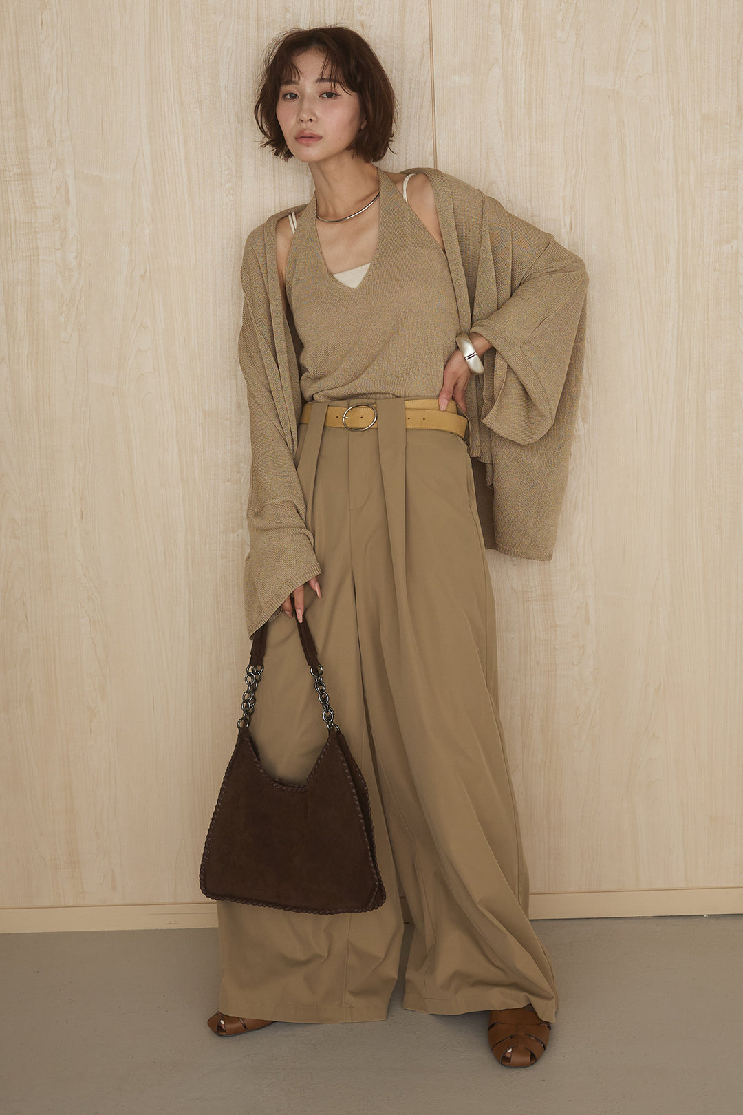 [SET]オーバードルマンカーディガン+ベルトループデザインハイウエストタックパンツ(2set)