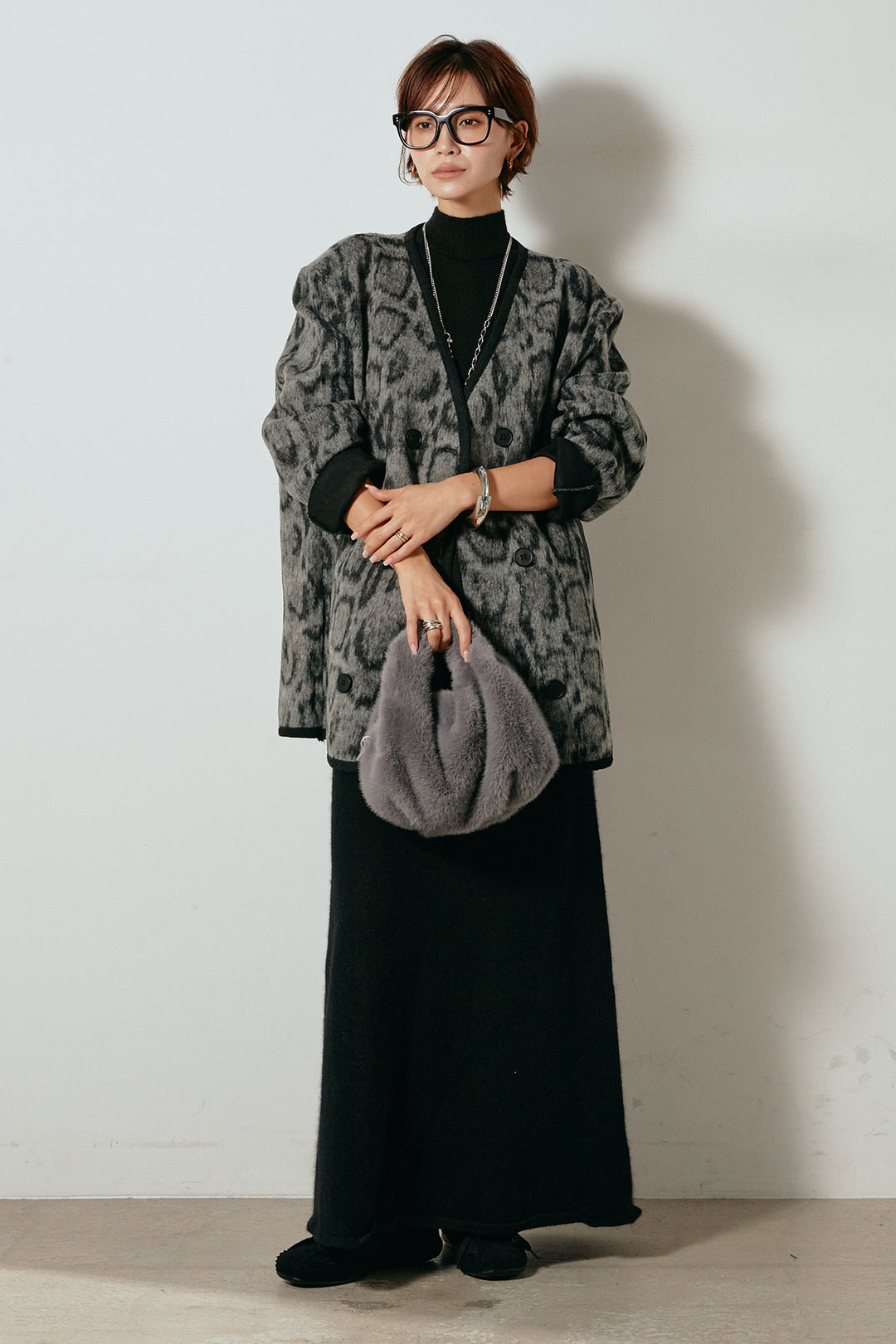 [SET]ノーカラーレオパード柄アウター+ノースリーブニットロングワンピース(2set)