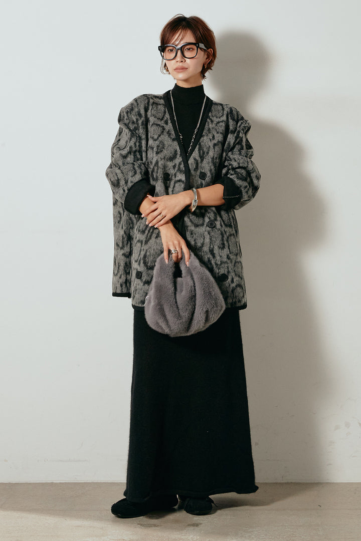 [SET]ノーカラーレオパード柄アウター+ノースリーブニットロングワンピース(2set)