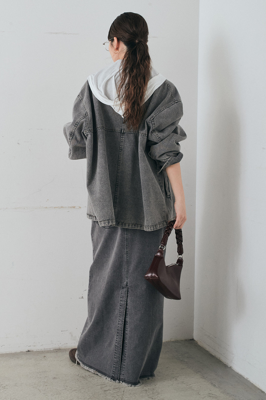 [SET]オーバーデニムジャケット+ウエストクロスデニムタイトスカート+シアーリブフーディプルオーバー(3set)