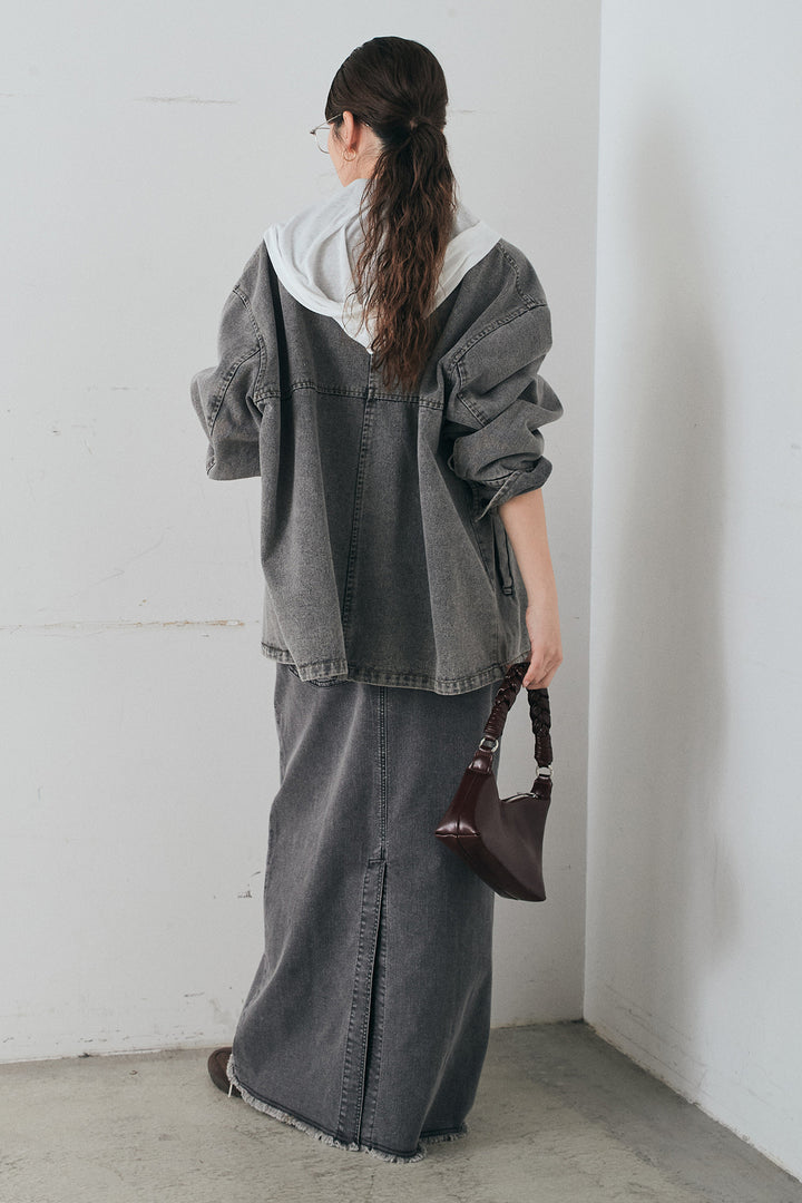 [SET]オーバーデニムジャケット+ウエストクロスデニムタイトスカート+シアーリブフーディプルオーバー(3set)