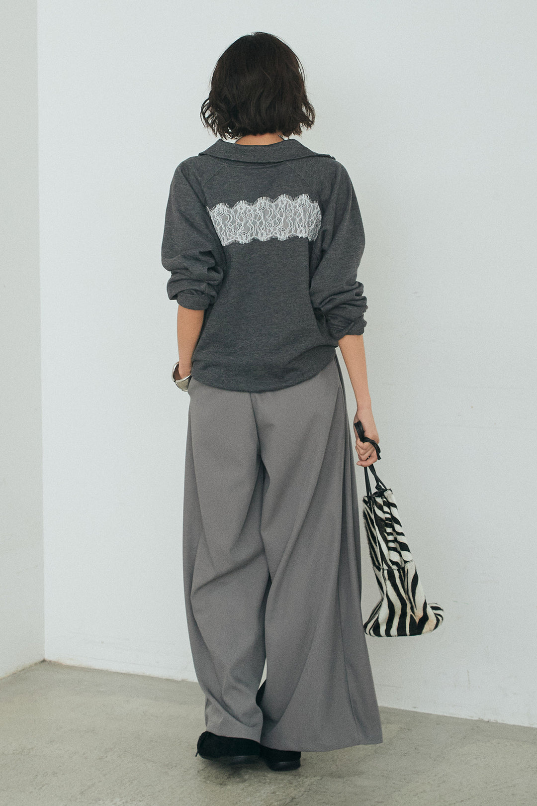 [SET]リバーレースハーフジップ裏毛スウェット+ベルト付きタックデザインハイウエストロングパンツ(2set)
