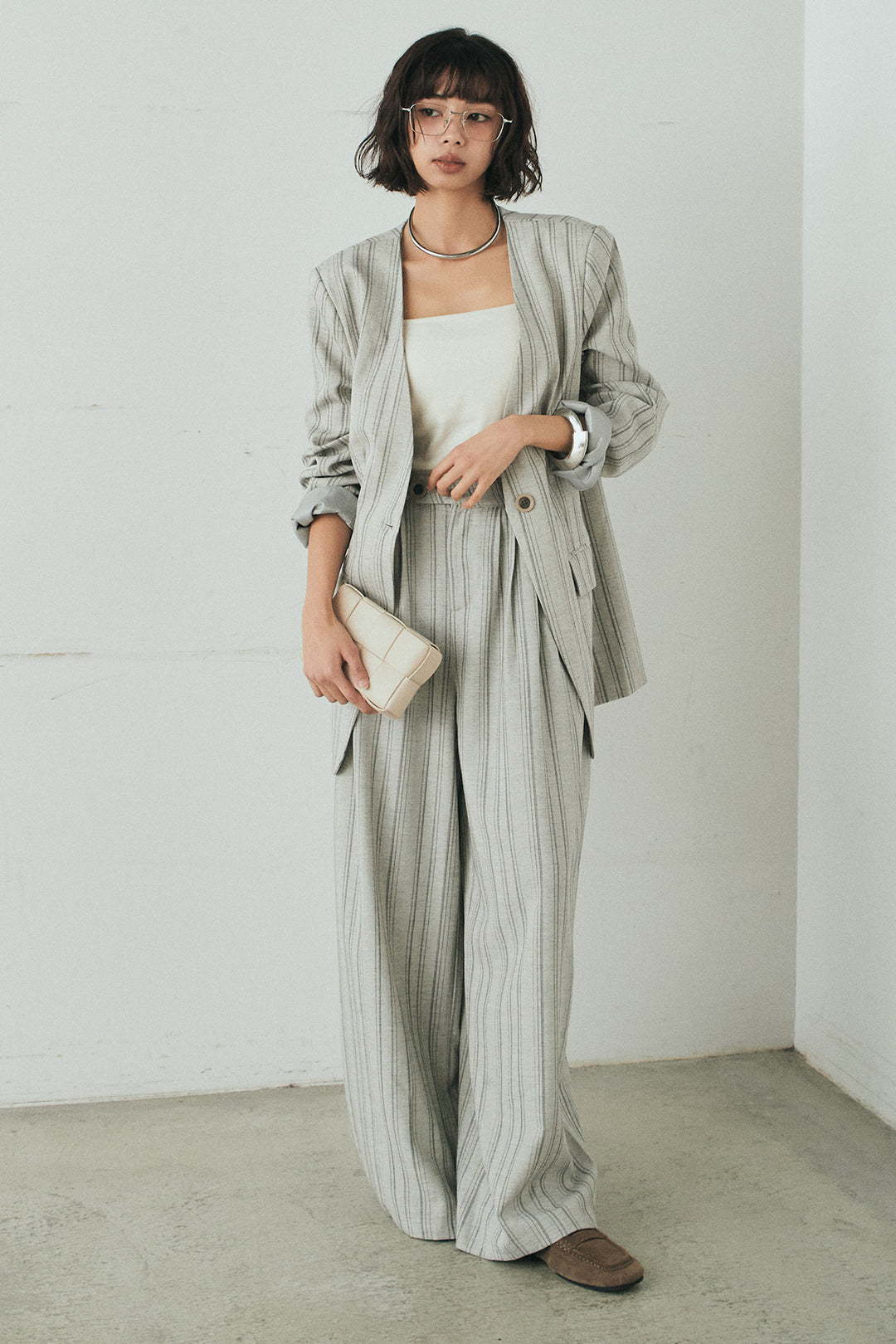 [SET]ノーカラーピンストライプジャケット+ピンストライプワイドスラックス(2set)