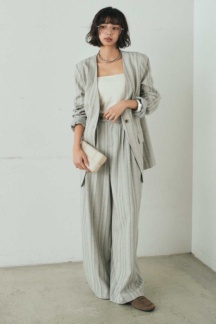 [SET]ノーカラーピンストライプジャケット+ピンストライプワイドスラックス(2set)