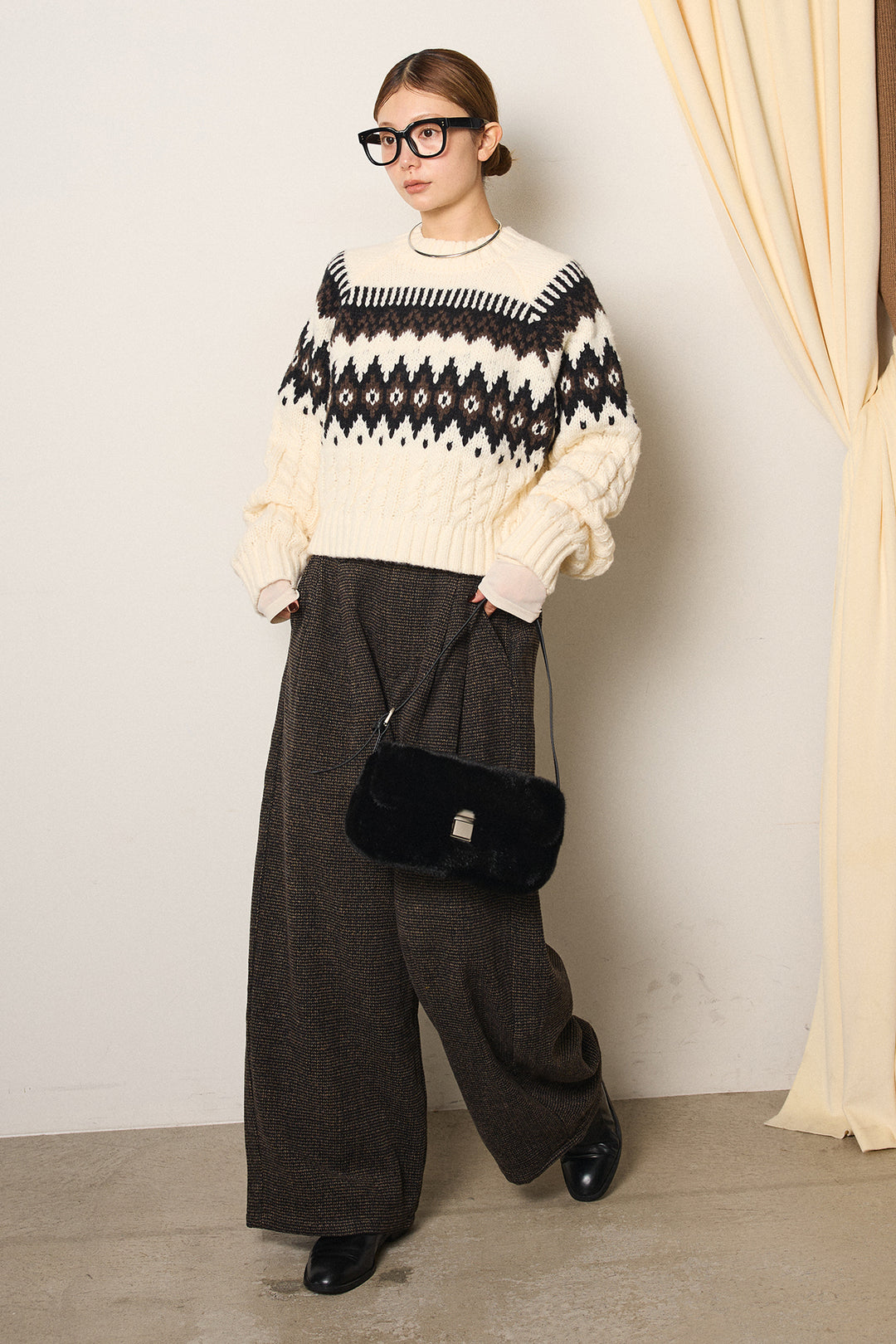 [SET]2WAY求心柄ジャガードショートカーディガン+起毛タック入りツイードワイドパンツ+2WAY袖コード刺繍クルーネックプルオーバー(3set)