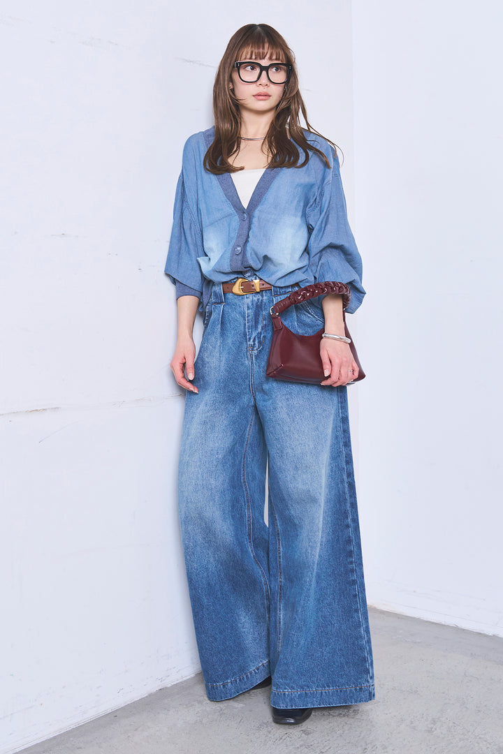 [SET]シアーデニムカーディガン+ベルトループワイドタックデニムパンツ(2set)