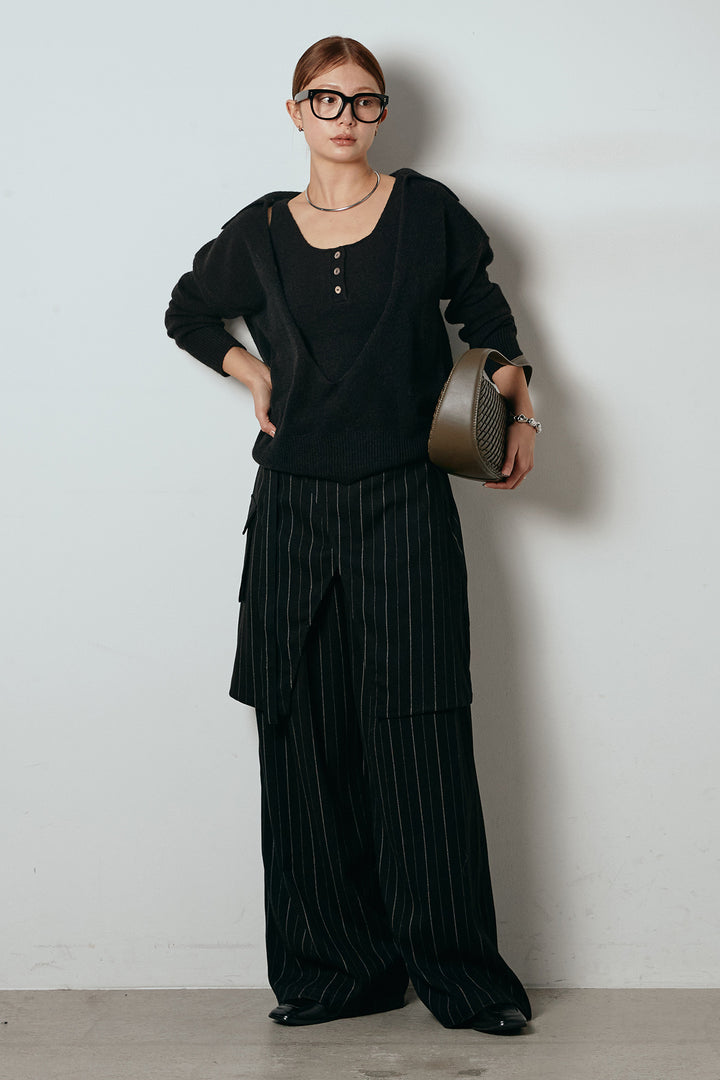 [SET]襟付きレイヤードニットトップス+細ストライプレイヤードデザインパンツ(2set)