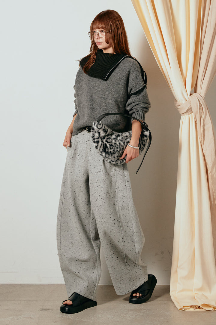 [SET]ハイネックジップデザインニットトップス+ベルト付きネップツイードカーブパンツ(2set)