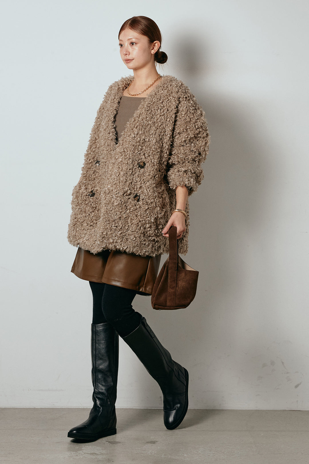 [SET]シープライクファージャケット+ストレッチエコレザーバミューダパンツ(2set)