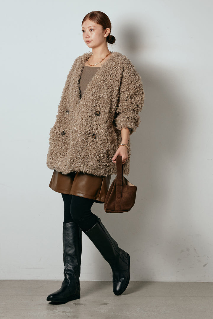 [SET]シープライクファージャケット+ストレッチエコレザーバミューダパンツ(2set)