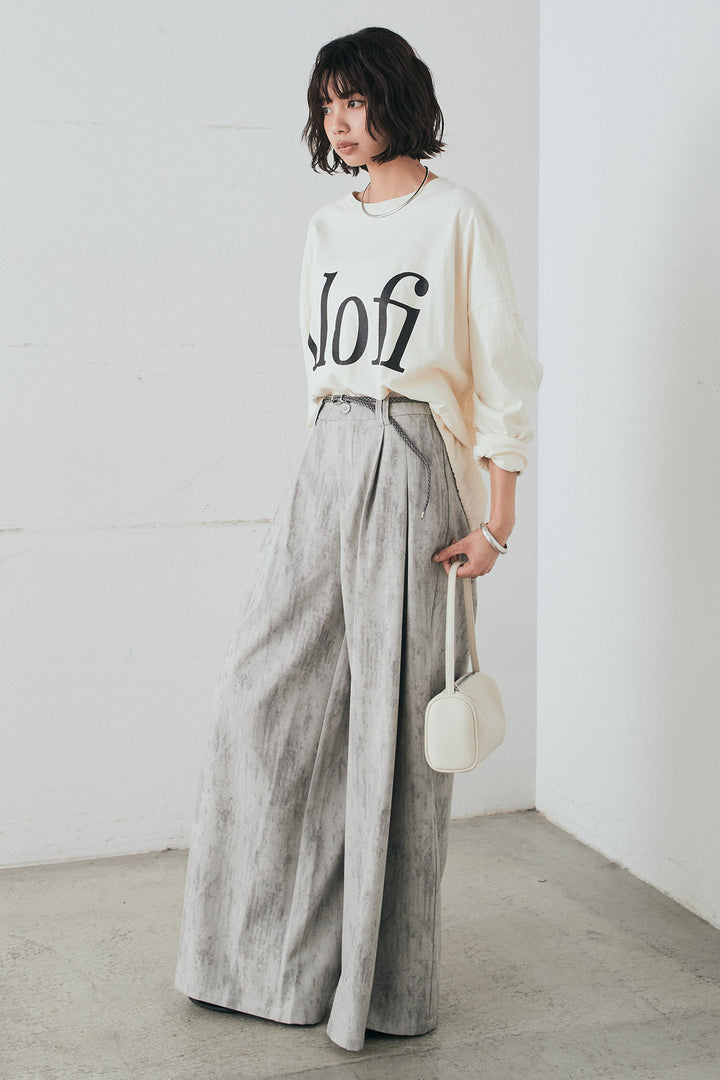 [SET]裾センタードロストロゴプリントワイドTシャツ+紐ベルト付きかすれ柄ワイドスラックス(2set)