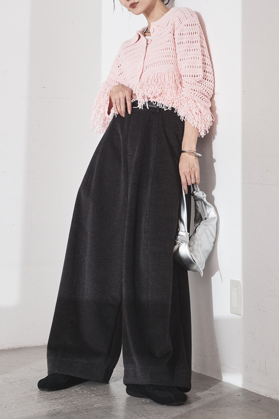 [SET]メッシュフリンジカーディガン+ウールタッチカーブワイドパンツ(2set)