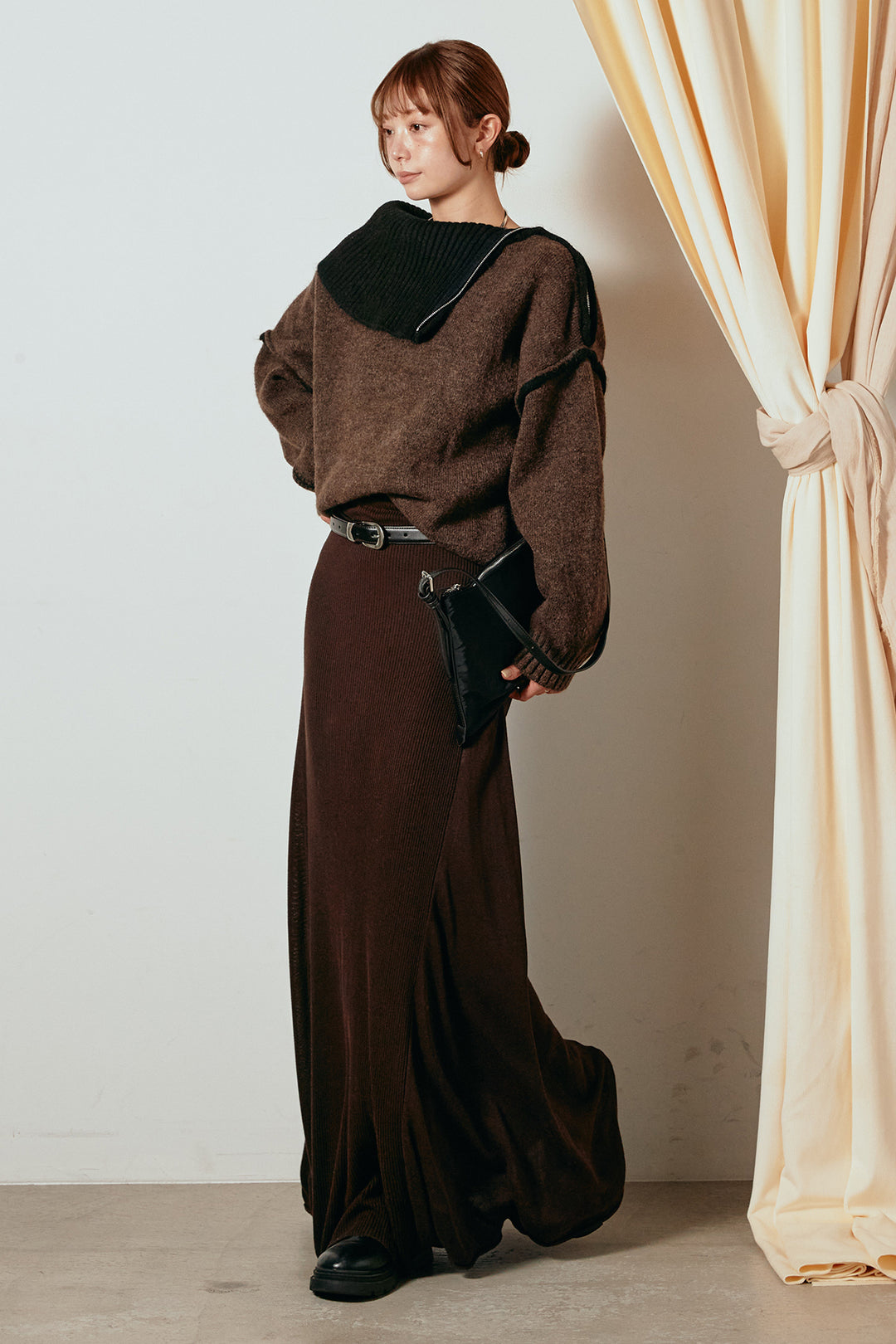 [SET]ハイネックジップデザインニットトップス+サイド切り替えリブニットロングスカート(2set)