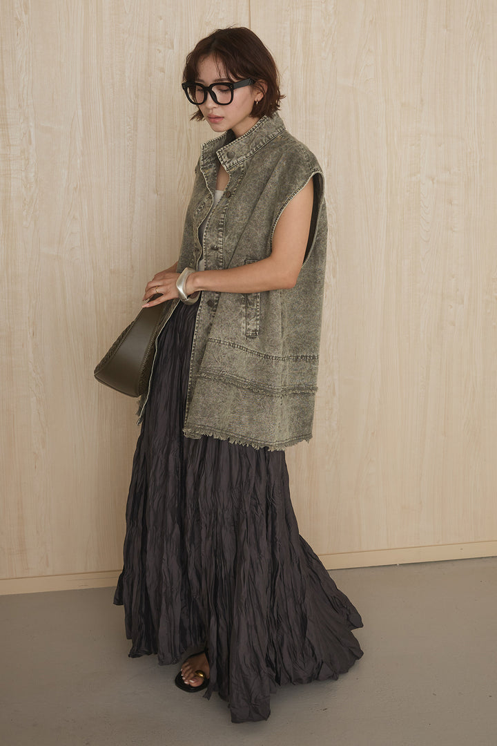 [SET]ケミカルデニムヘムカットオフジレ+イレギュラープリーツイージースカート(2set)