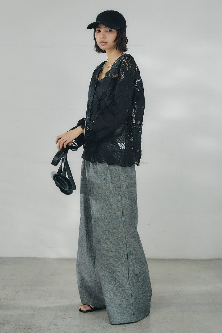 [SET]フラワー刺繍レースブラウス+サイドボタンツイードタックパンツ(2set)