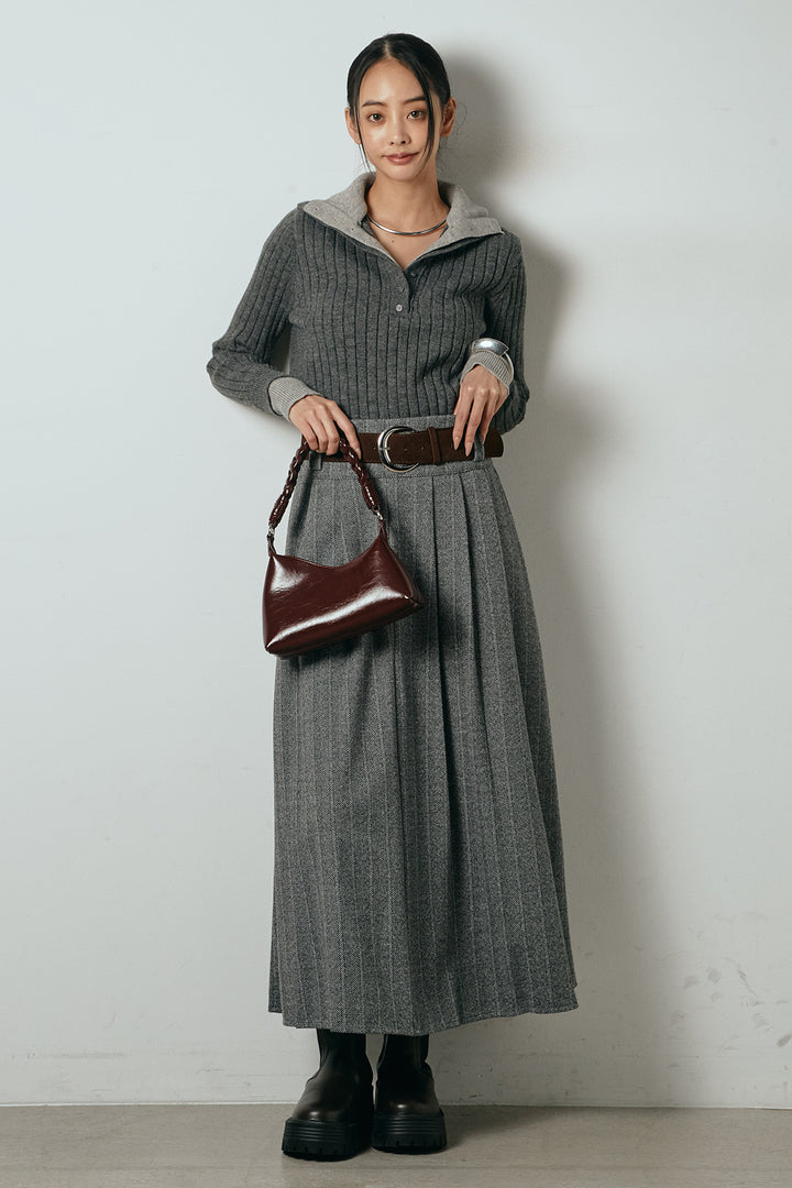 [SET]レイヤード風リブニットトップス+太ベルト付きヘリンボーンプリーツスカート(2set)