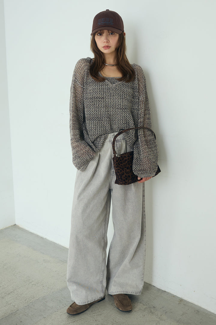 [SET]メッシュ編みビスチェセットVネックプルオーバー+カラーデニムタックカーブパンツ(2set)