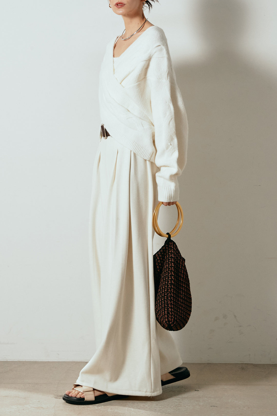 [SET]ケーブルカシュクールニットトップス+フェイクレザー太ベルト付きタックワイドパンツ(2set)