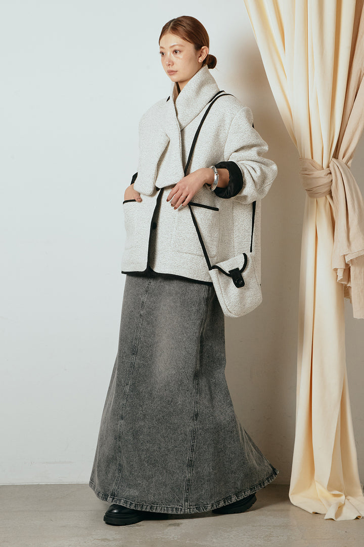 [SET]ノーカラーマフラーバッグ付きアウター+デニムロングフレアスカート(2set)