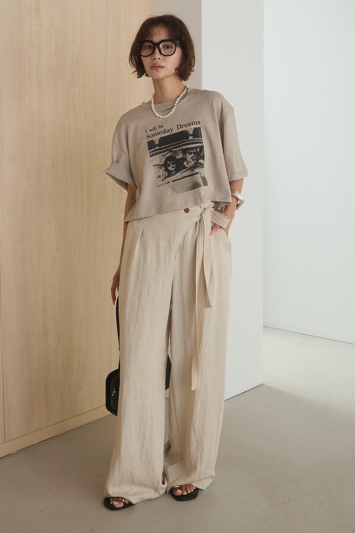 [SET]グラフィックサムデイワイドクロップドT+異素材ベルト付きラップ風ニュアンスワイドパンツ(2set)