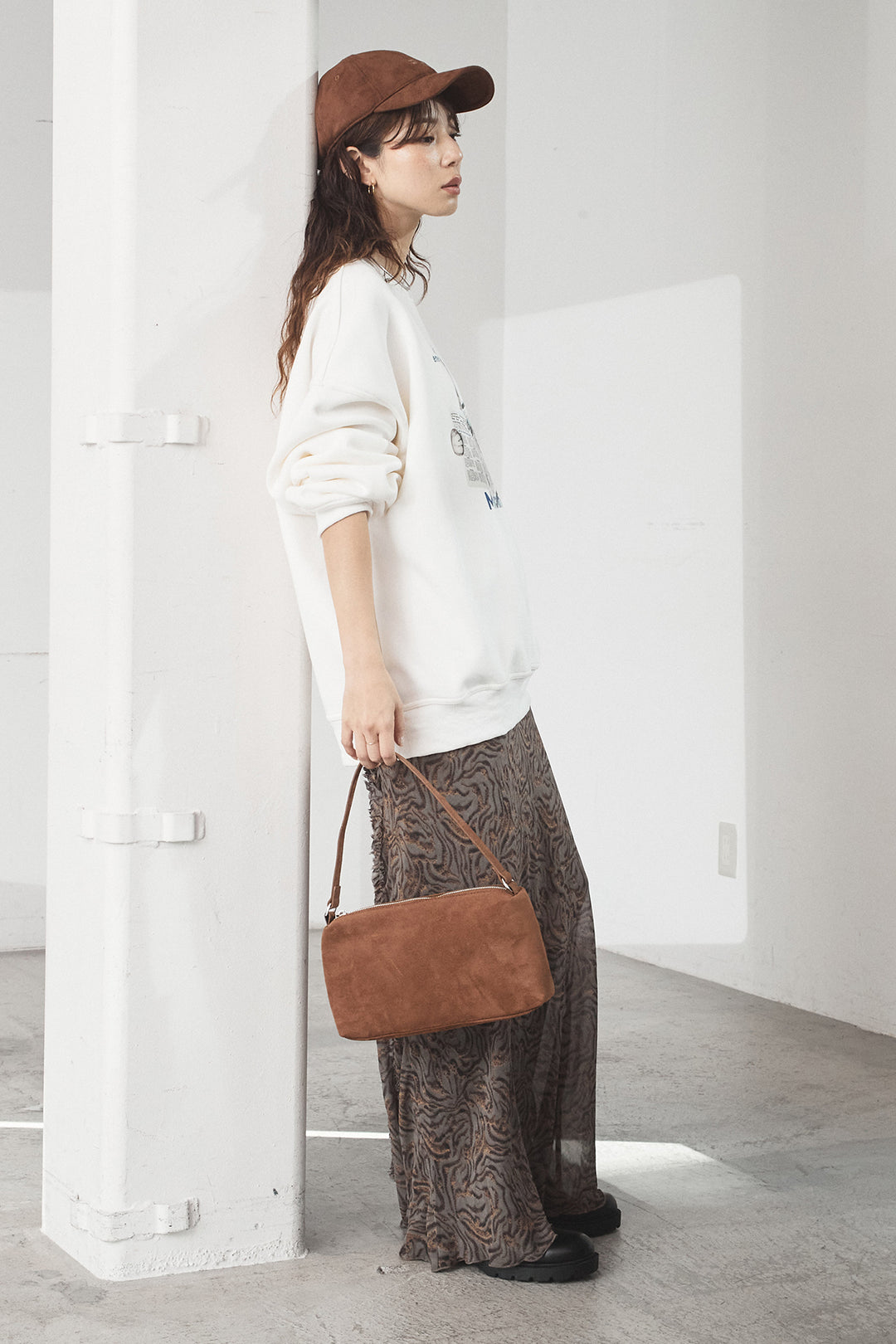 [SET]裏起毛モーニングキャットプリントスウェット+抽象柄ロングスカート(2set)